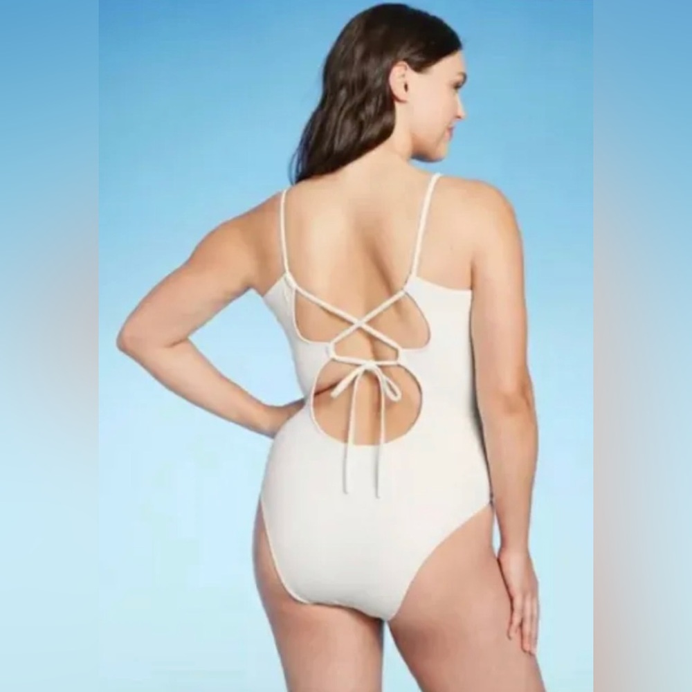 Shade & Shore White Double O-Ring w/Tie-Up Back 1-Piece Swimsuit L 12/14 New NWT - Picture 9 of 13